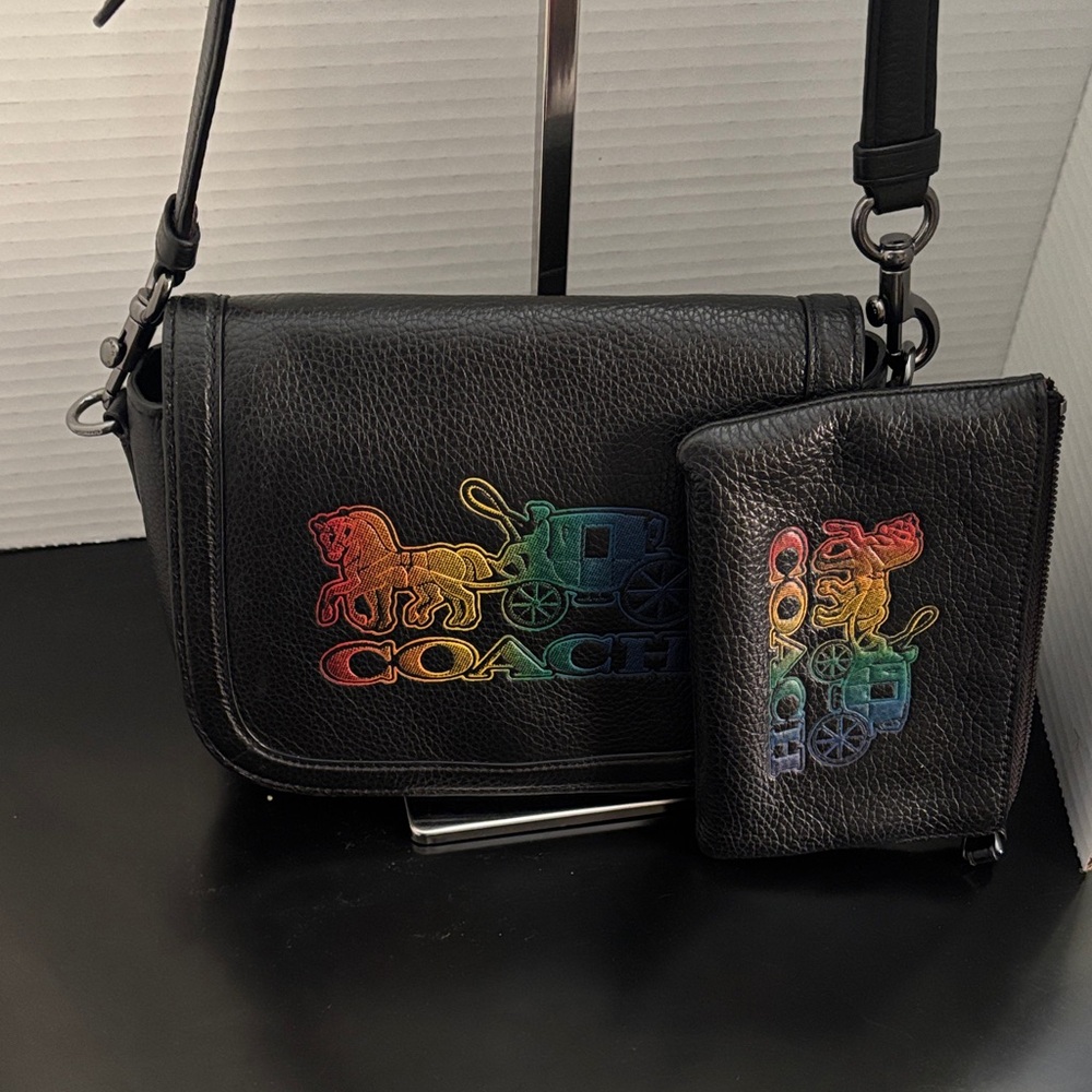 Coach EUC Black Pride Saddle Crossbody with matching wristlet